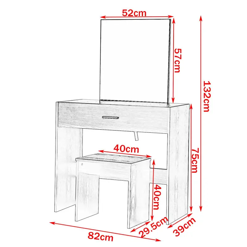 Witte BukkitBow kaptafel met grote make-up spiegel, lade en kruk, afmetingen 39x82x75 cm, elegant meubel voor make-up en verzorging