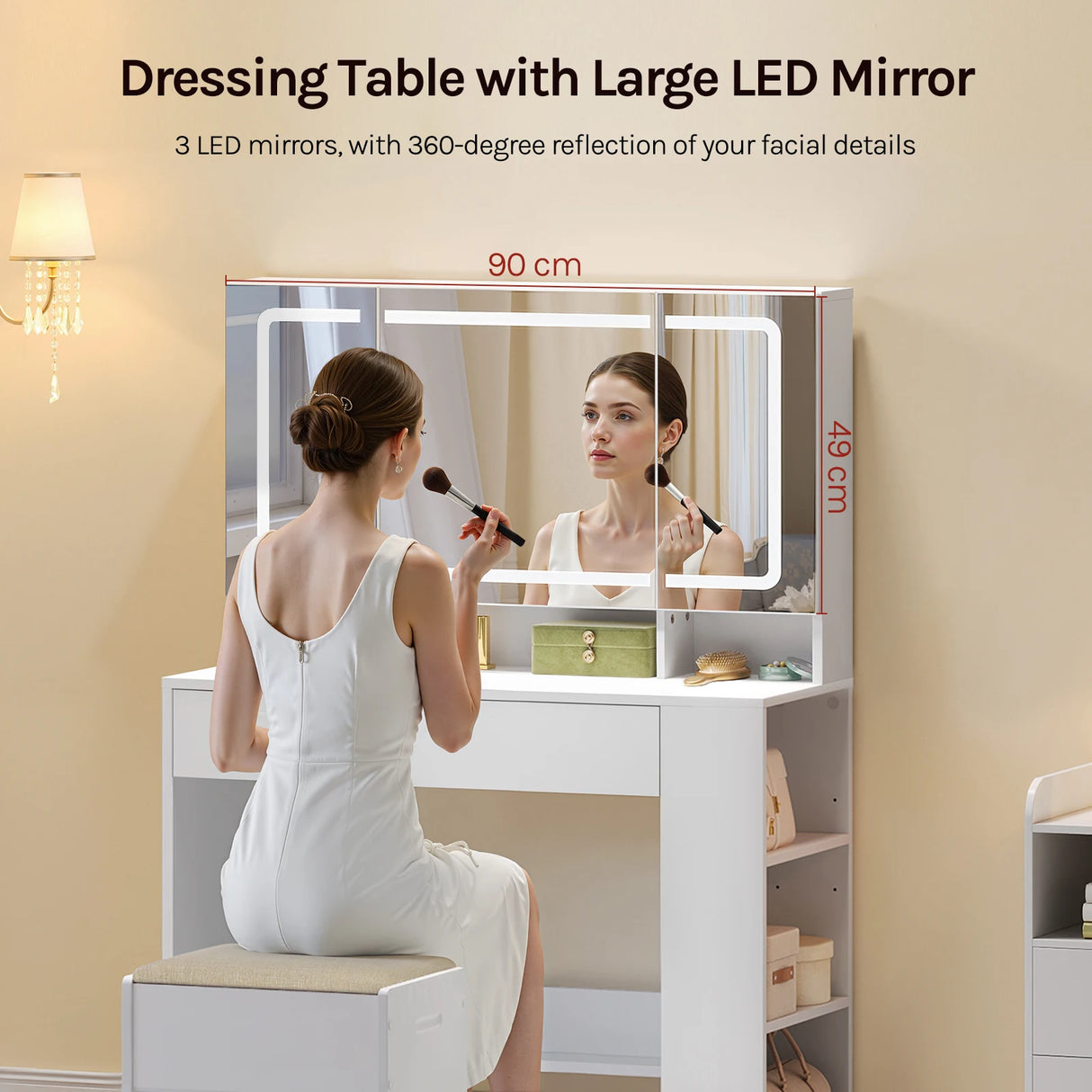 Witte BukkitBow kaptafel met LED-spiegel en verborgen sieradenkast, stijlvolle meubel voor make-up en accessoires.