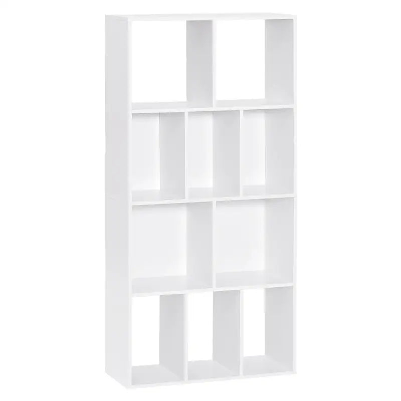 Witte BukkitBow kubus boekenkast met 4 lagen en 10 open vakken, afmetingen 60x20x120cm, geschikt voor boeken en display.