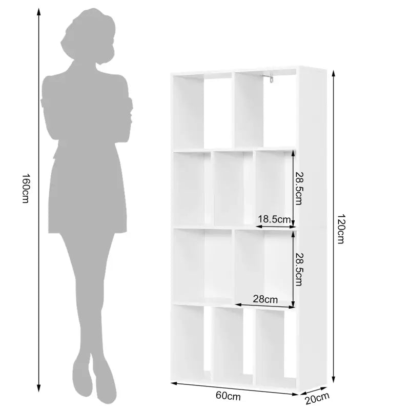 Witte BukkitBow boekenkast met 4 lagen en 10 open vakken, geschikt voor boeken en display, afmetingen 60x20x120 cm.