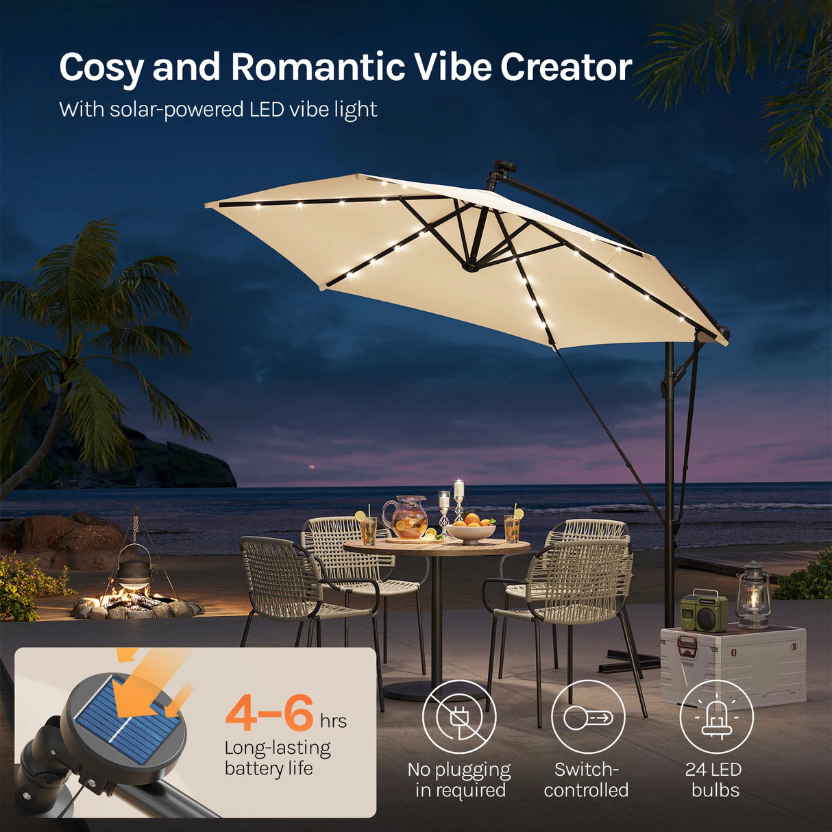 BukkitBow - Zwevende Parasol met Solar LED-Verlichting - 360° Draaibaar