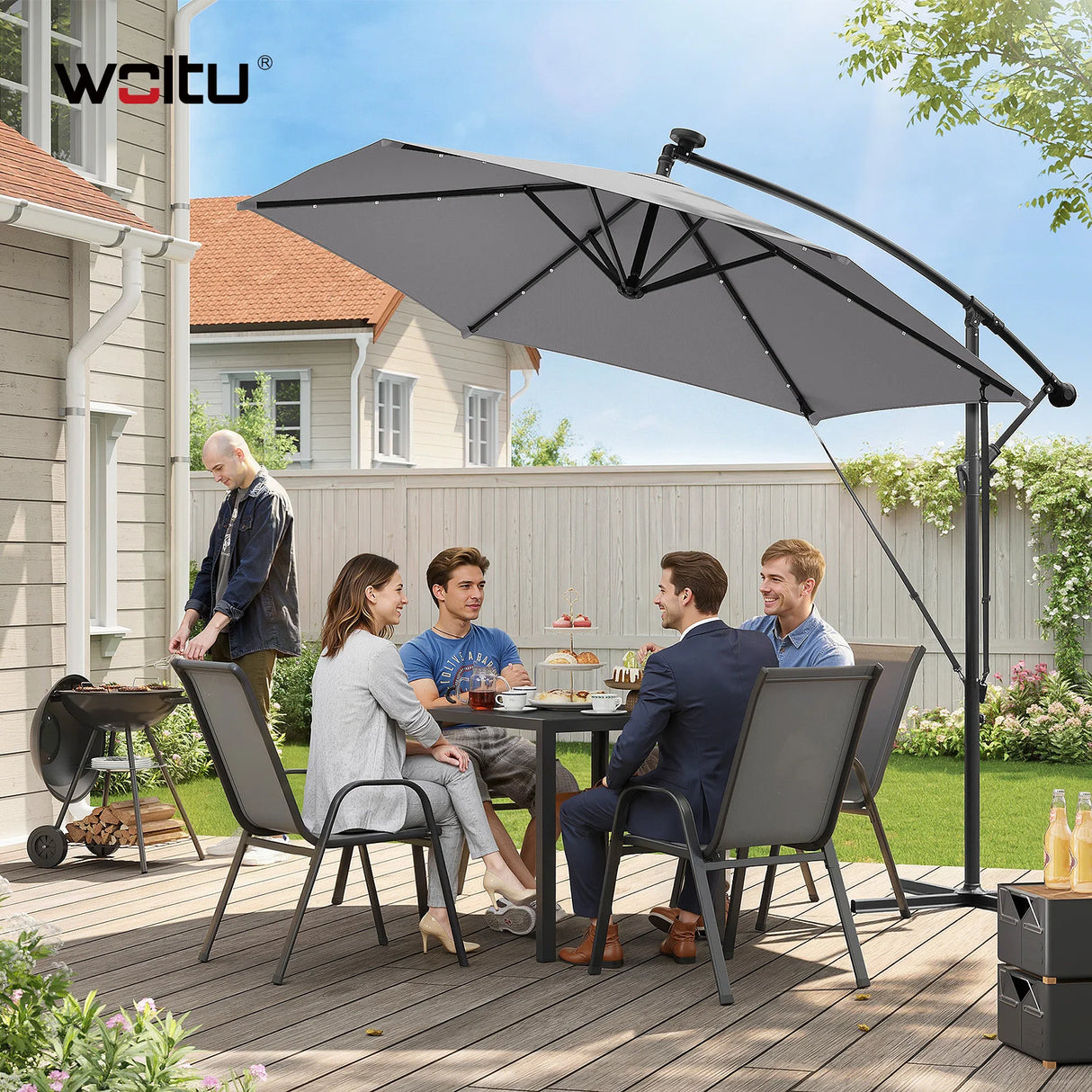 BukkitBow - Zwevende Parasol met Solar LED-Verlichting - 360° Draaibaar