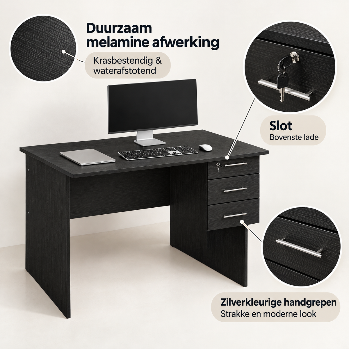Detail van materiaal en afwerking van bureau met lades