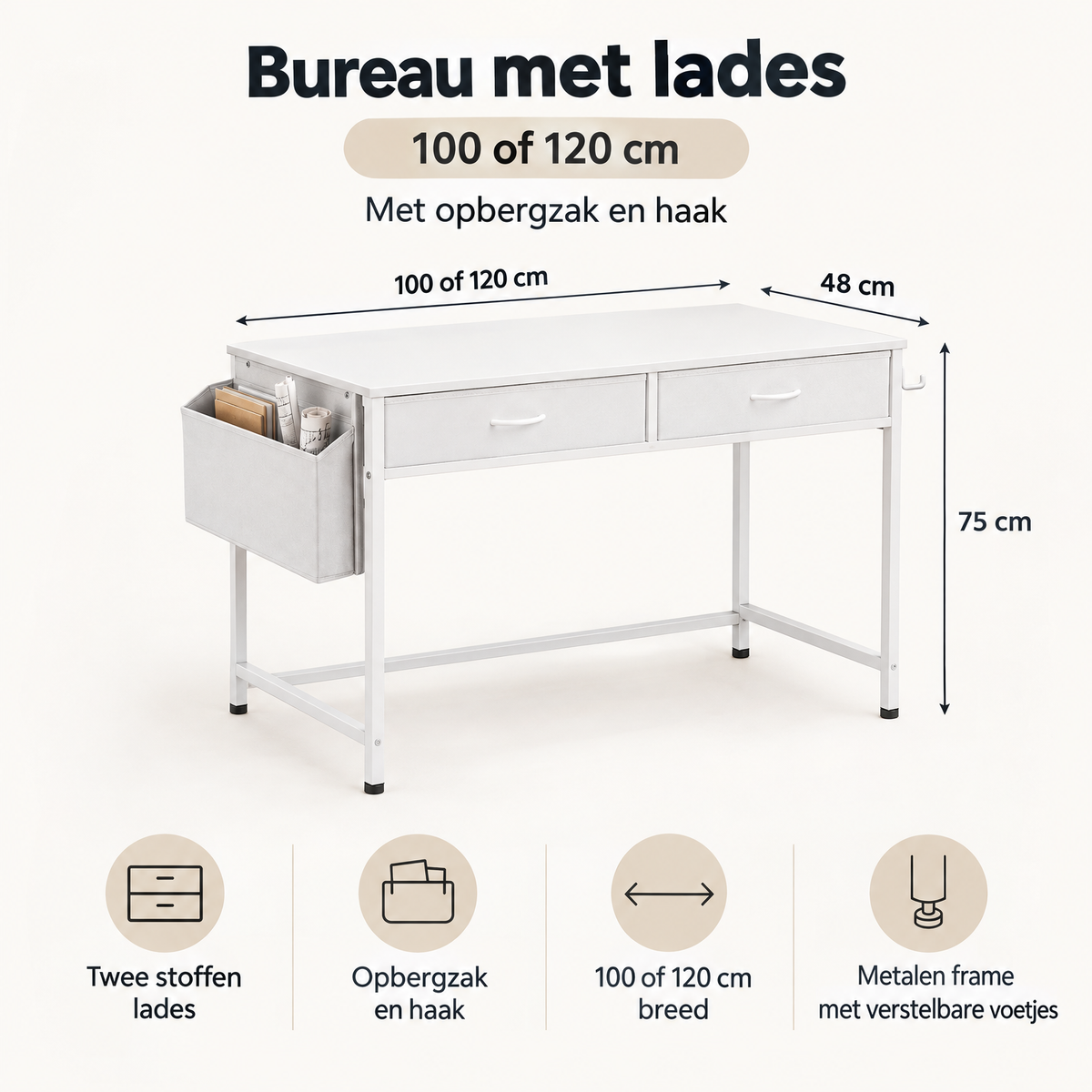 Afmetingen en productspecificaties van bureau met lades