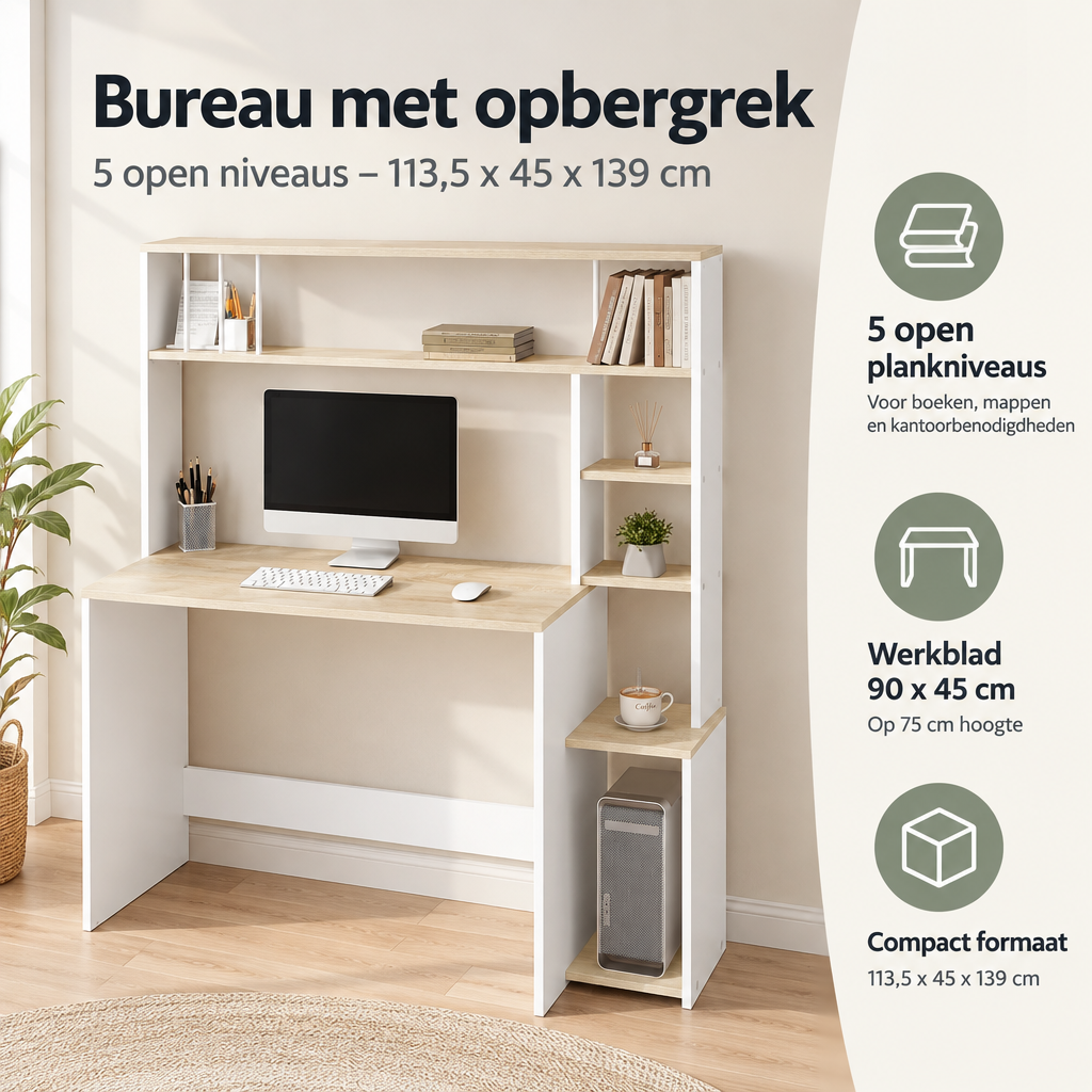 Praktische toepassing en keuzehulp voor bureau met opbergrek