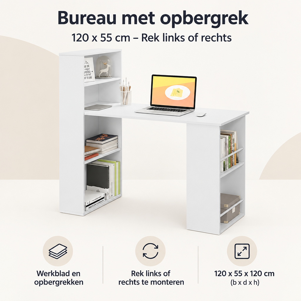 Overzicht van bureau met opbergrek met de belangrijkste productvoordelen