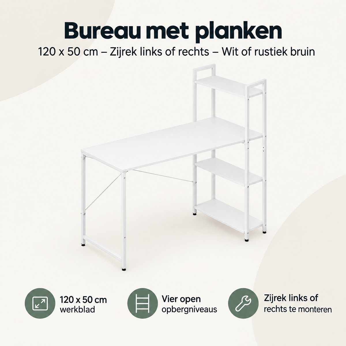 Overzicht van bureau met planken met de belangrijkste productvoordelen