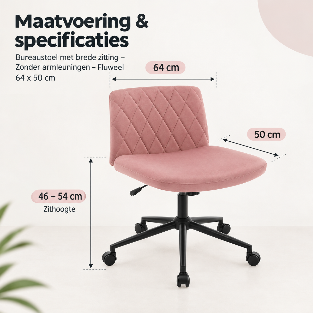Afmetingen en productspecificaties van bureaustoel met brede zitting