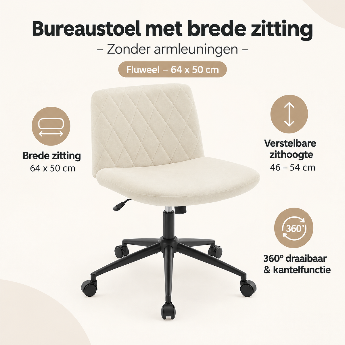 Overzicht van bureaustoel met brede zitting met de belangrijkste productvoordelen