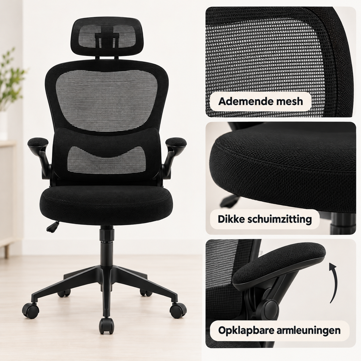 Detail van materiaal en afwerking van bureaustoel met opklapbare armleuningen