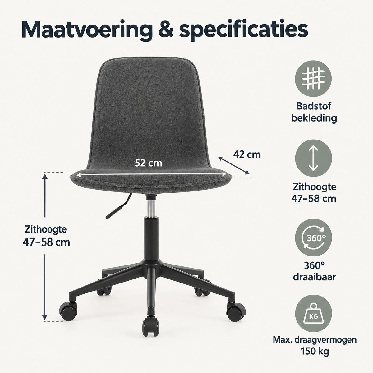 Afmetingen en productspecificaties van bureaustoel zonder armleuningen