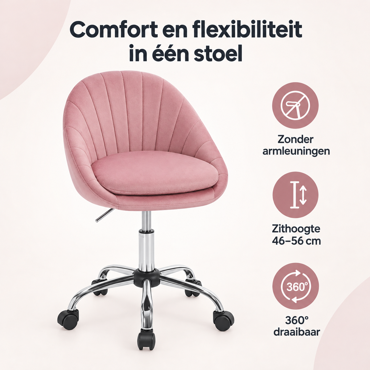 Overzicht van bureaustoel zonder armleuningen met de belangrijkste productvoordelen