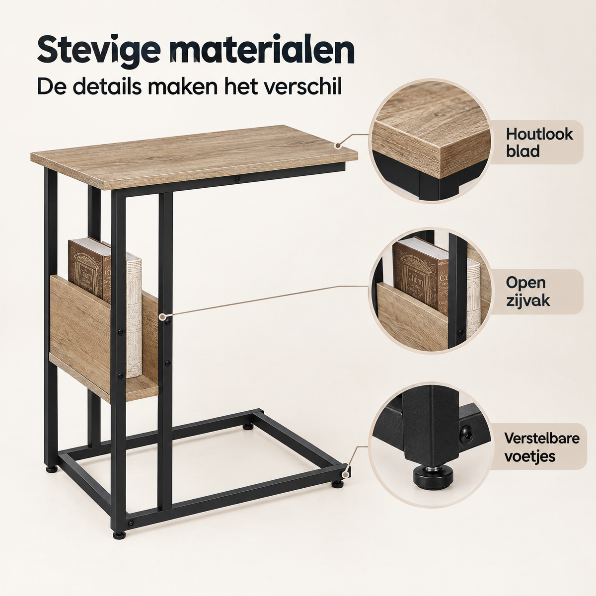 Detail van materiaal en afwerking van C-vormige bijzettafel