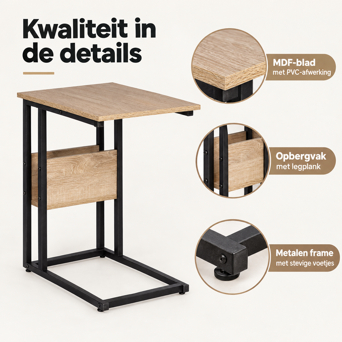Detail van materiaal en afwerking van C-vormige bijzettafel