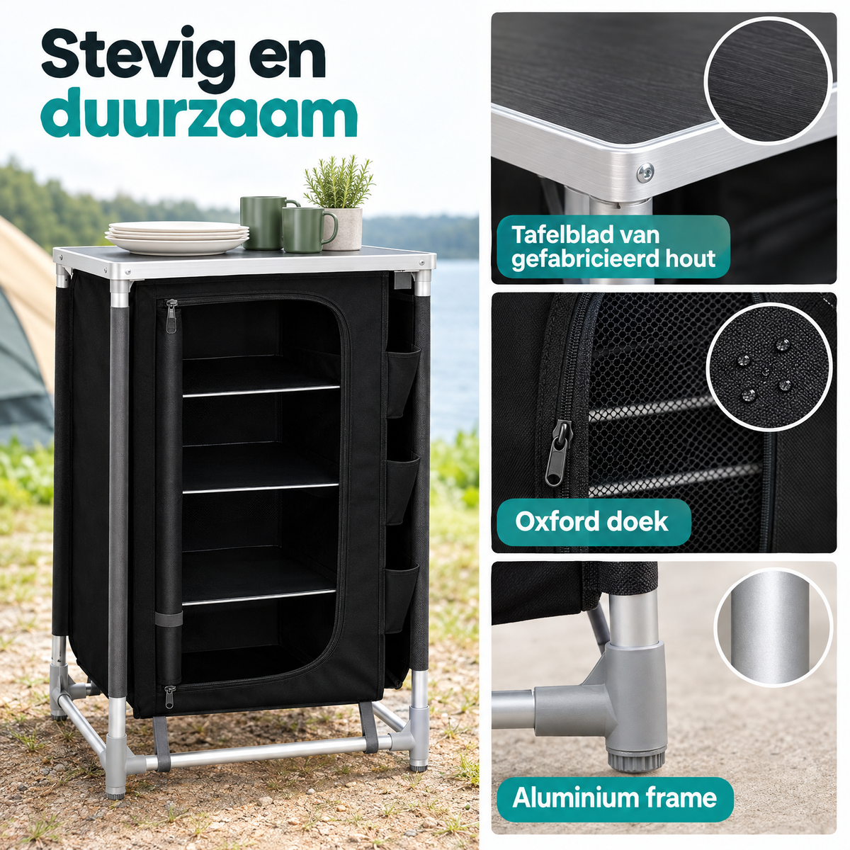Zwarte campingkast van BukkitBow met tafelblad, aluminium frame en drie opbergvakken, geschikt voor outdoor gebruik