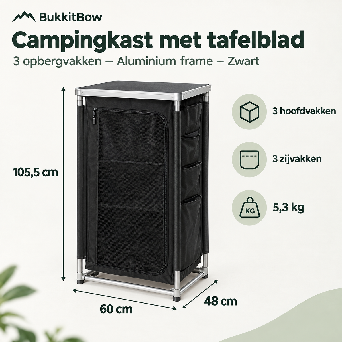 Zwarte campingkast van BukkitBow met aluminium frame, tafelblad en drie opbergvakken, geschikt voor kampeergebruik.