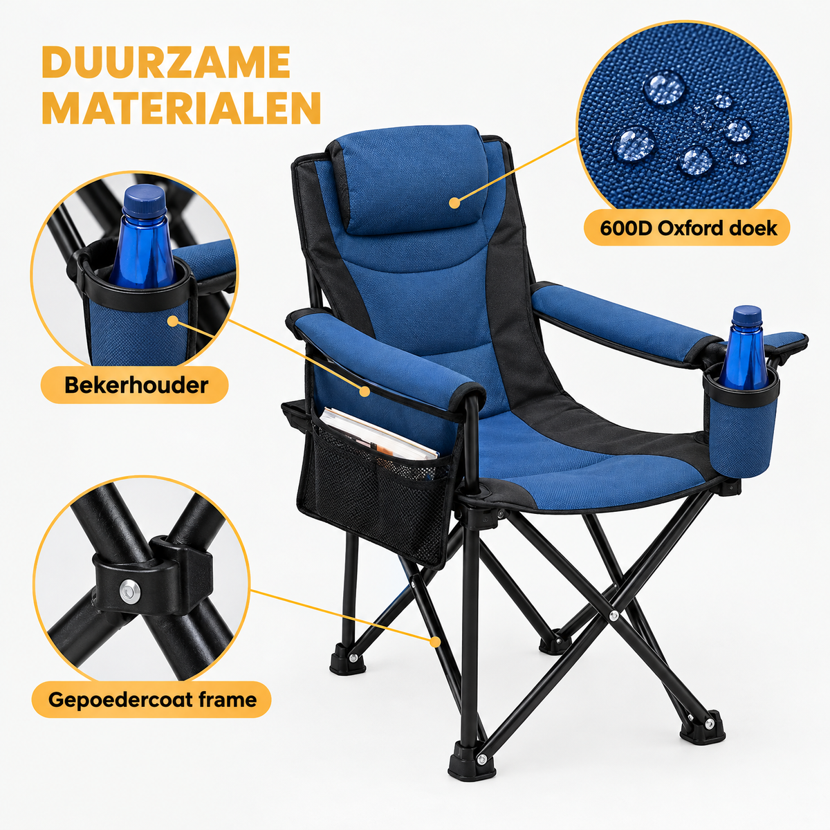 Detail van materiaal en afwerking van campingstoel met bekerhouder