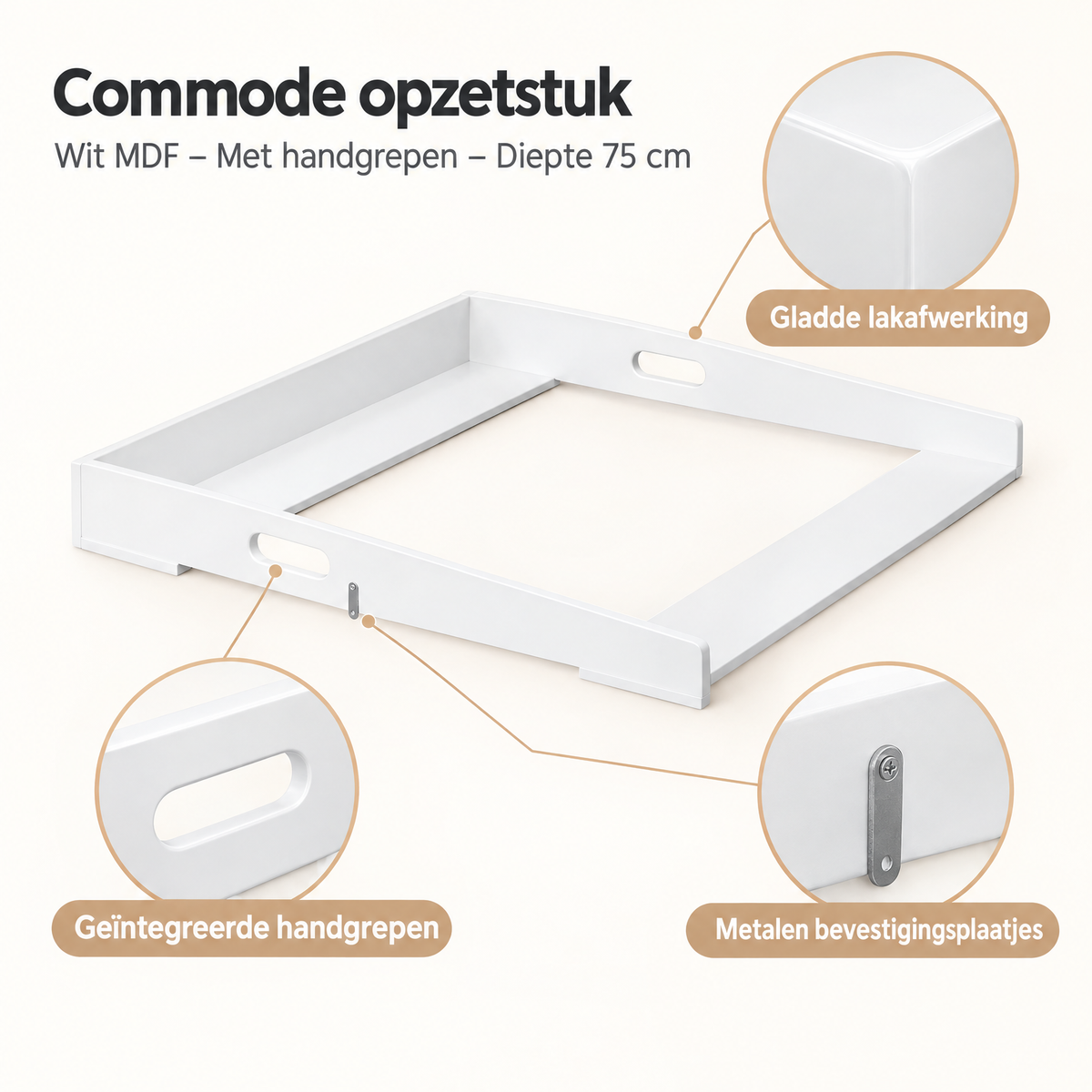 Wit MDF verschoonopzetstuk voor commode met handgrepen, diepte 75 cm, van BukkitBow, detail van het materiaal.