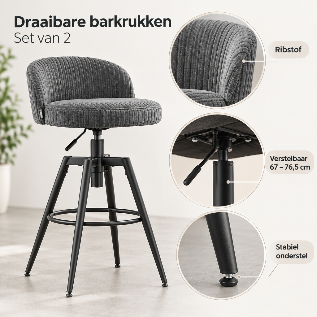 Detail van materiaal en afwerking van draaibare barkrukken set van 2