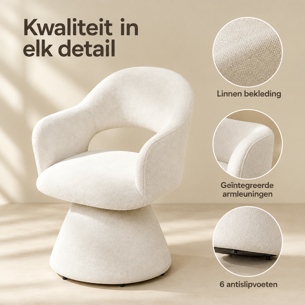 Detail van materiaal en afwerking van draaibare eetkamerstoel