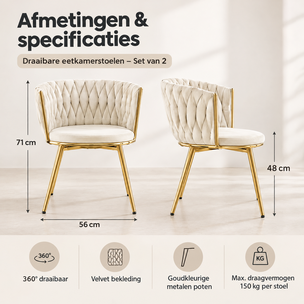 Afmetingen en productspecificaties van draaibare eetkamerstoelen