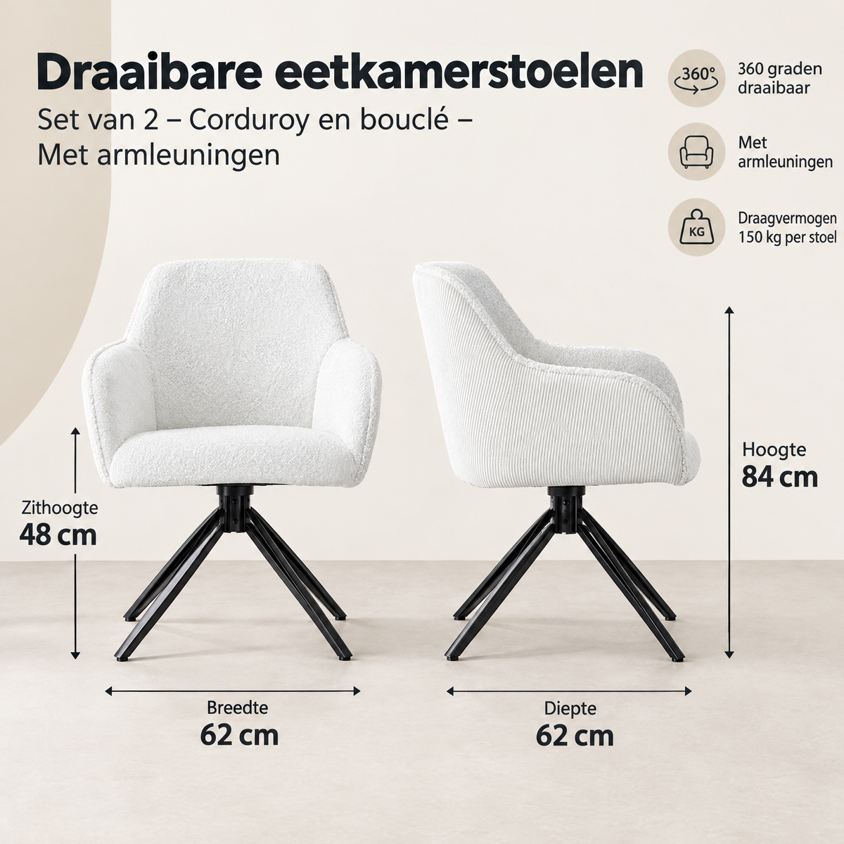 Afmetingen en productspecificaties van draaibare eetkamerstoelen