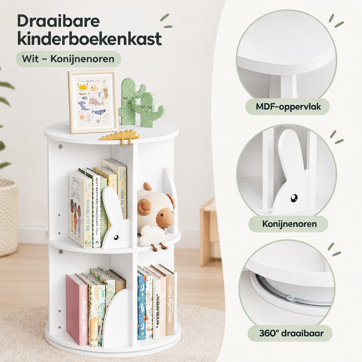 Detail van materiaal en afwerking van draaibare kinderboekenkast