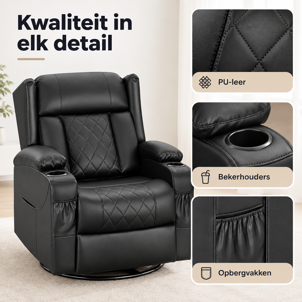 Detail van materiaal en afwerking van draaibare relaxfauteuil