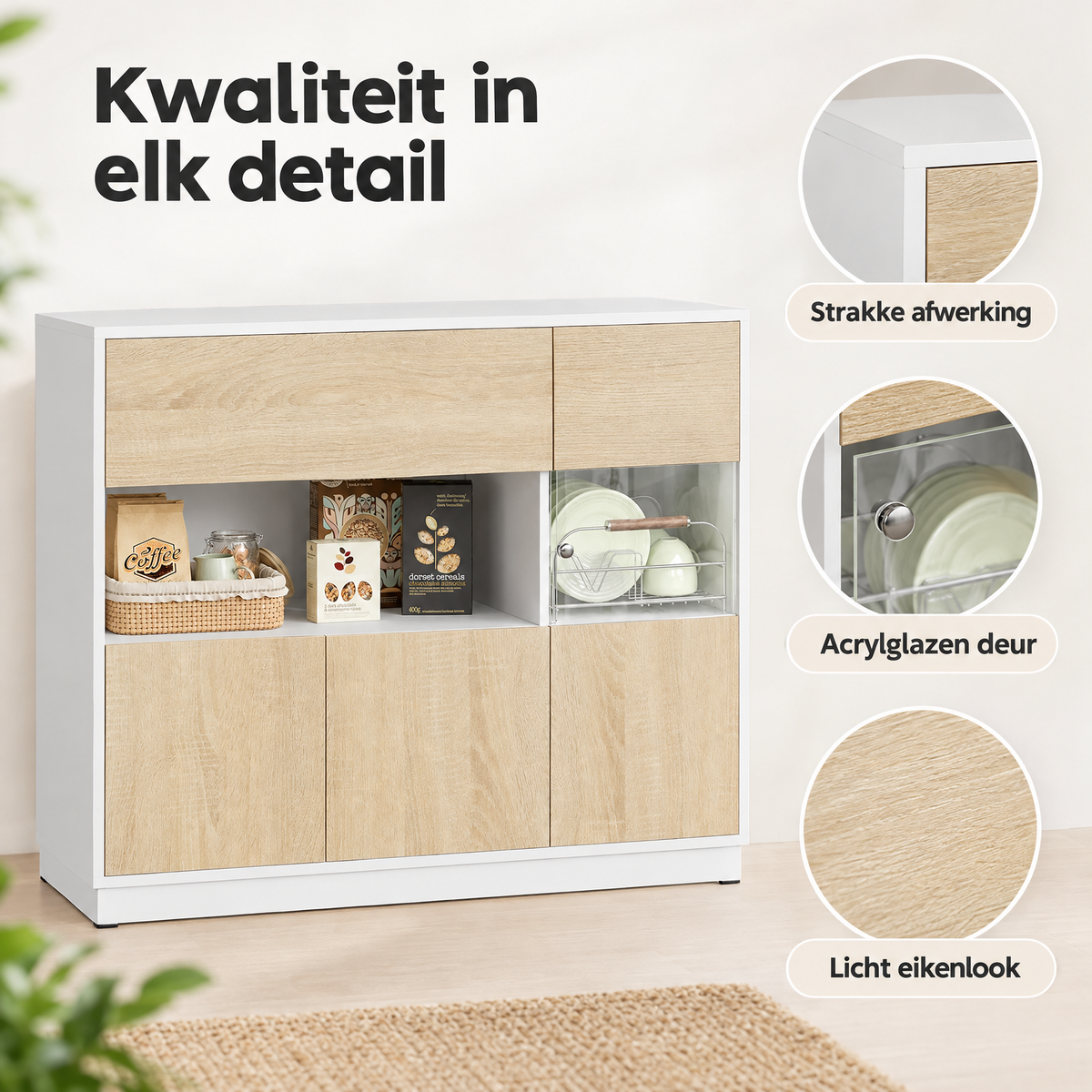 Detail van materiaal en afwerking van dressoir 100 cm