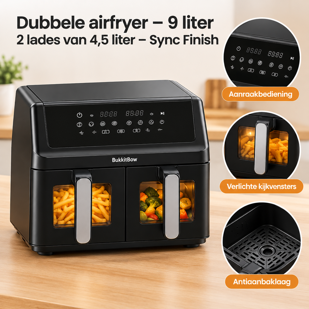 Detail van materiaal en afwerking van dubbele airfryer