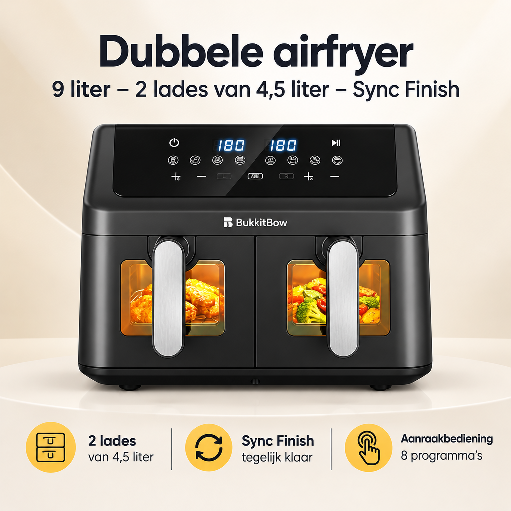 Overzicht van dubbele airfryer met de belangrijkste productvoordelen