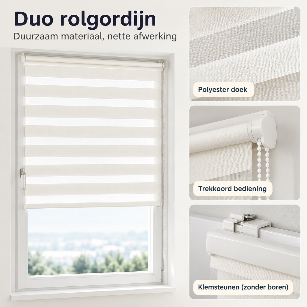 Detail van materiaal en afwerking van duo rolgordijn zonder boren