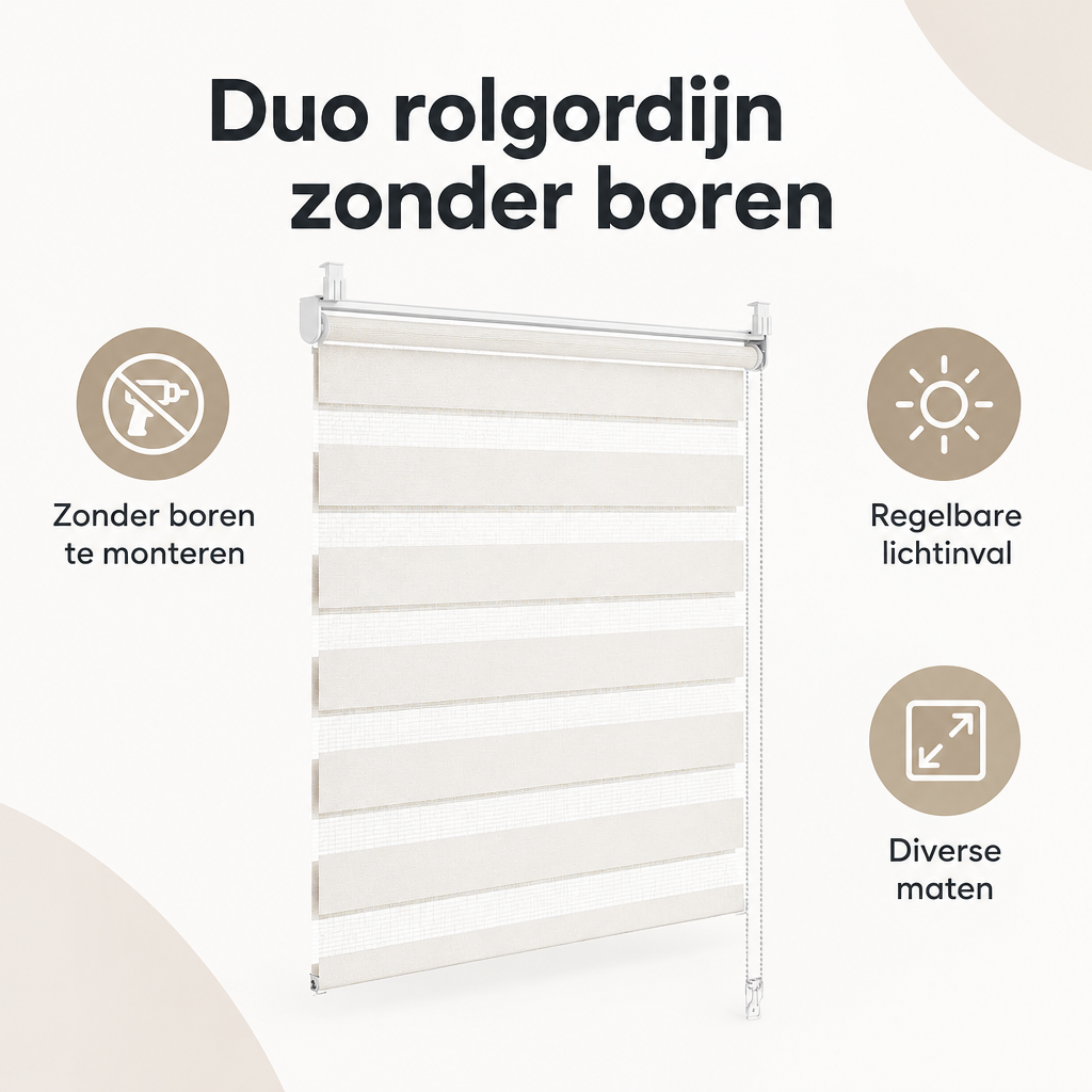 Overzicht van duo rolgordijn zonder boren met de belangrijkste productvoordelen