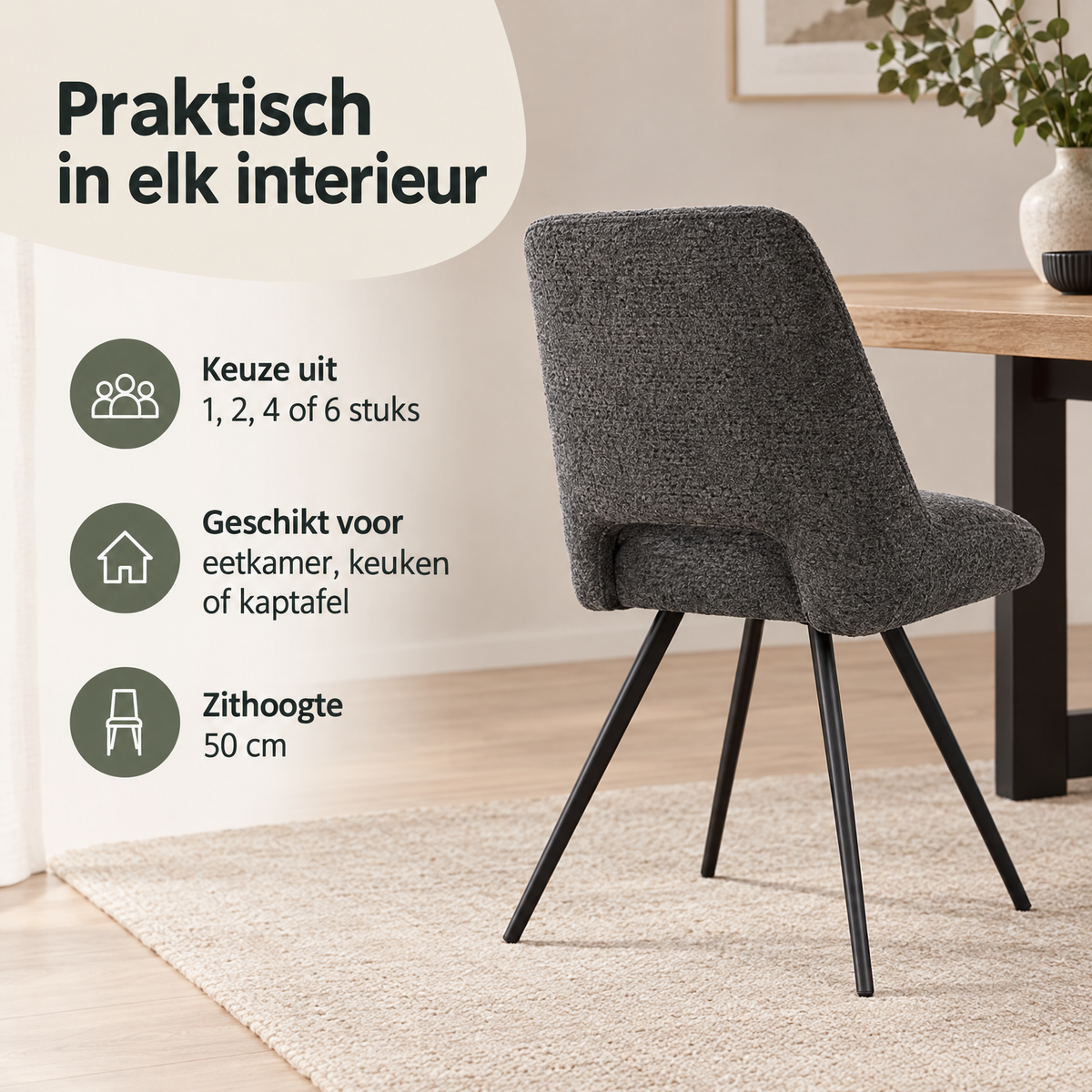 Praktische toepassing en keuzehulp voor eetkamerstoel chenille