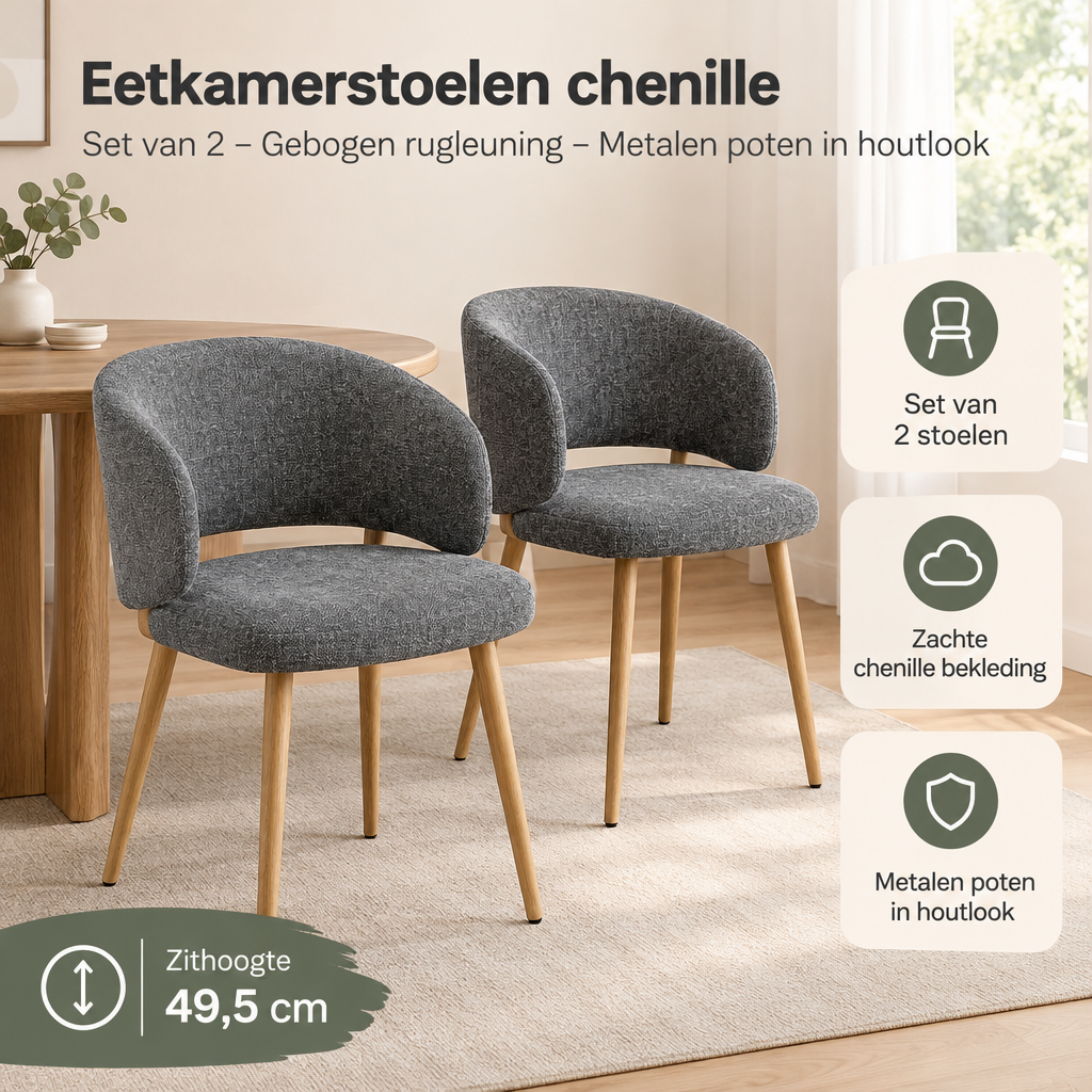 Praktische toepassing en keuzehulp voor eetkamerstoelen chenille set van 2