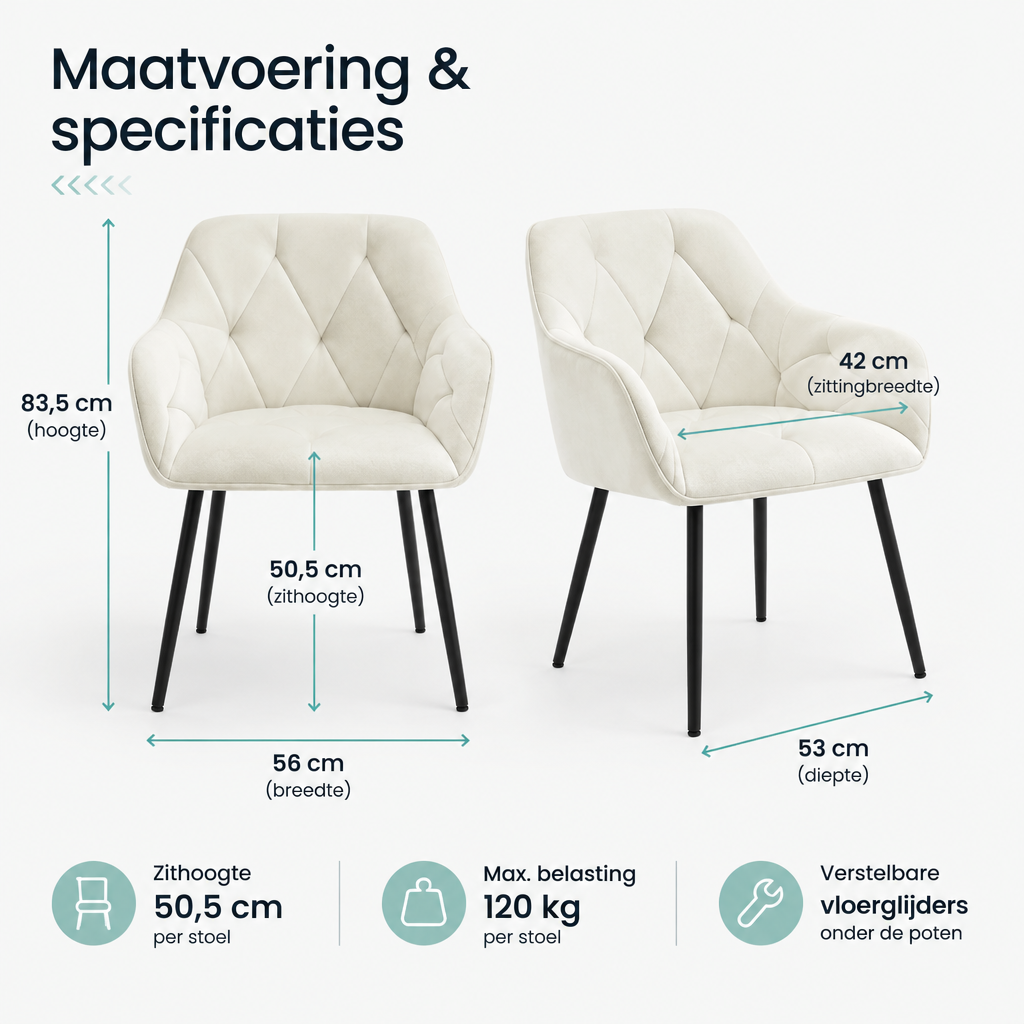 Afmetingen en productspecificaties van eetkamerstoelen met armleuningen set van 2