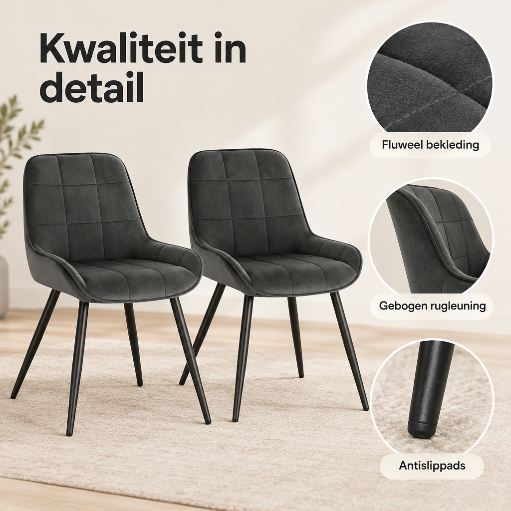 Detail van materiaal en afwerking van eetkamerstoelen set van 2