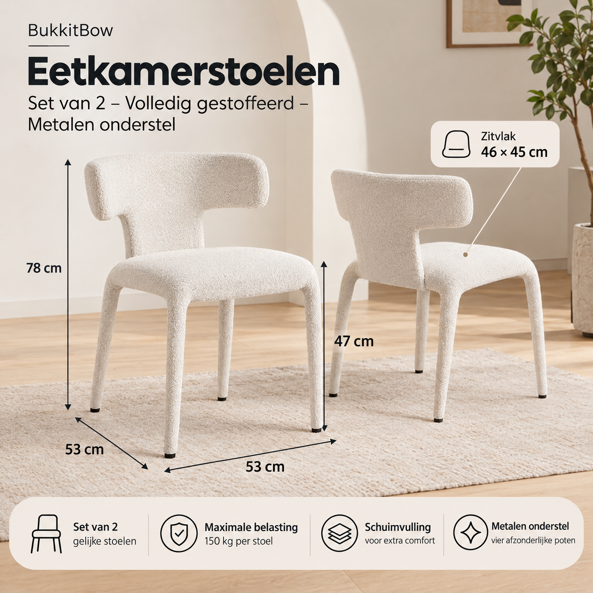 Afmetingen en productspecificaties van eetkamerstoelen set van 2