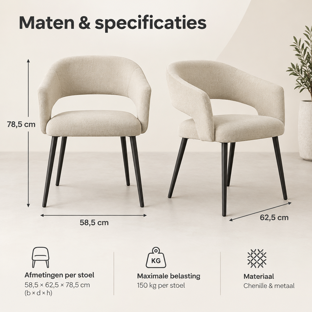 Afmetingen en productspecificaties van eetkamerstoelen set van 2