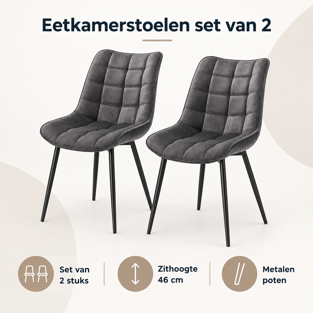 Overzicht van eetkamerstoelen set van 2 met de belangrijkste productvoordelen
