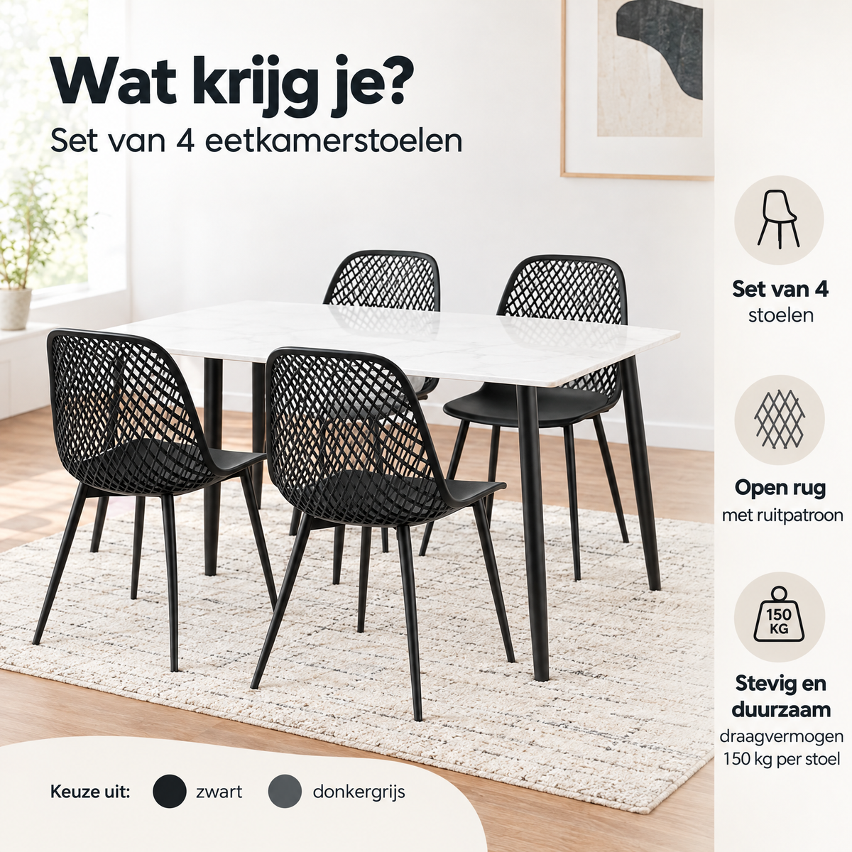 Praktische toepassing en keuzehulp voor eetkamerstoelen set van 4