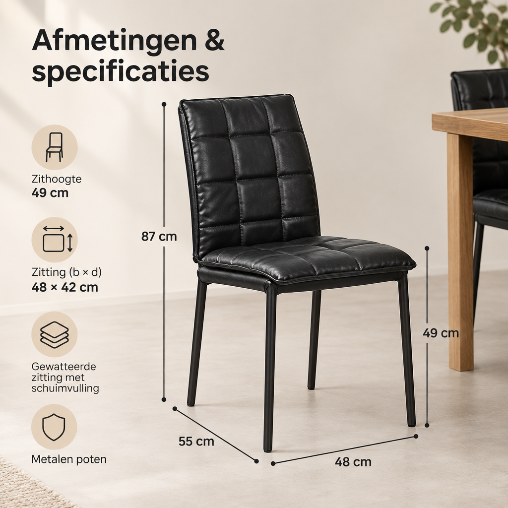 Afmetingen en productspecificaties van eetkamerstoelen set van 4