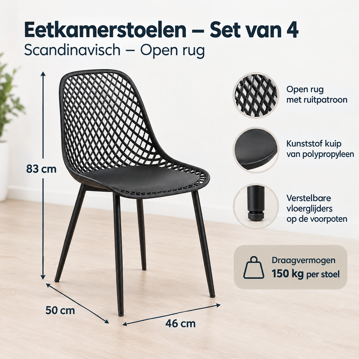 Afmetingen en productspecificaties van eetkamerstoelen set van 4