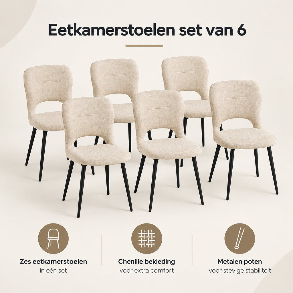 Overzicht van eetkamerstoelen set van 6 met de belangrijkste productvoordelen