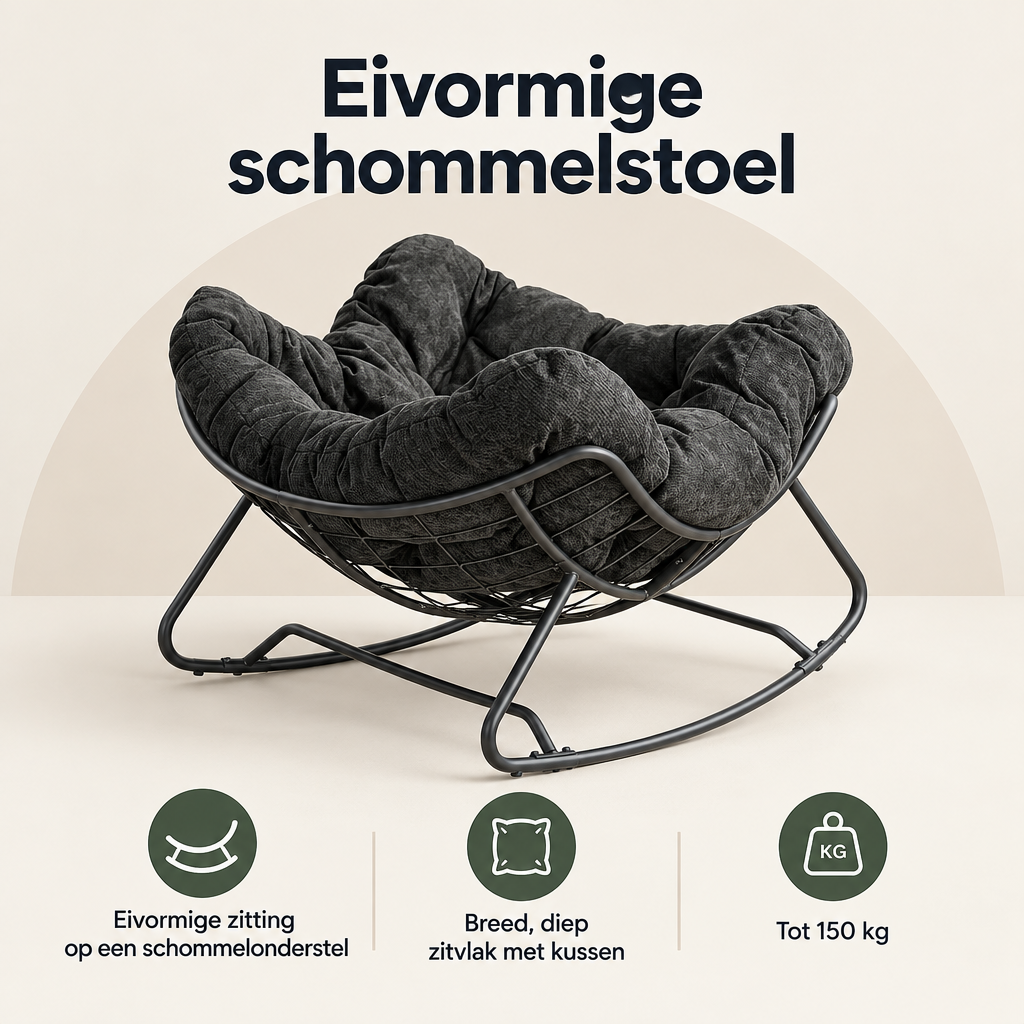 Overzicht van eivormige schommelstoel met de belangrijkste productvoordelen