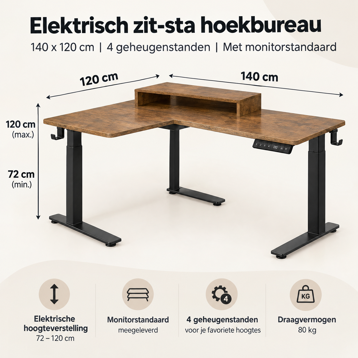 Afmetingen en productspecificaties van elektrisch zit-sta hoekbureau