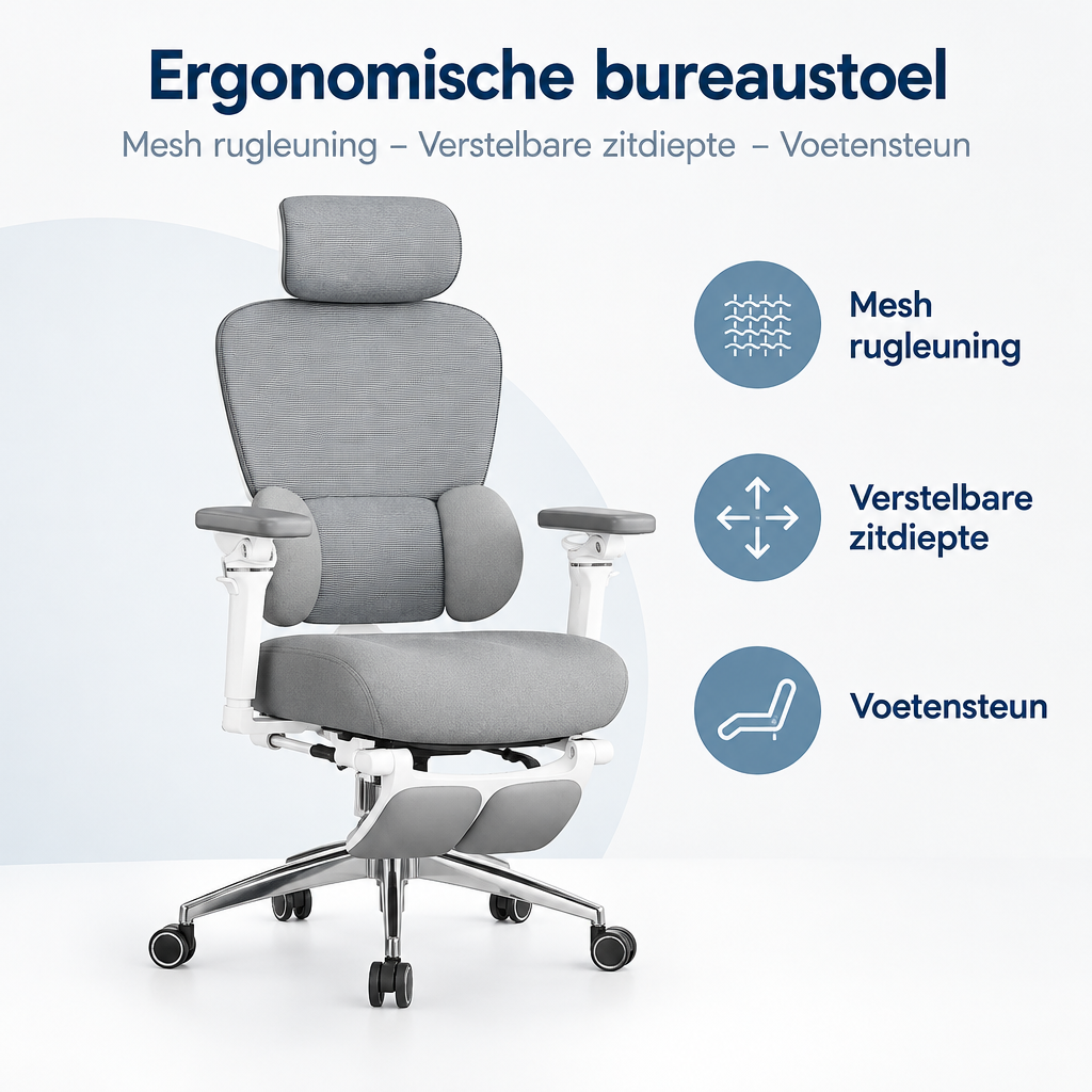Overzicht van ergonomische bureaustoel met de belangrijkste productvoordelen