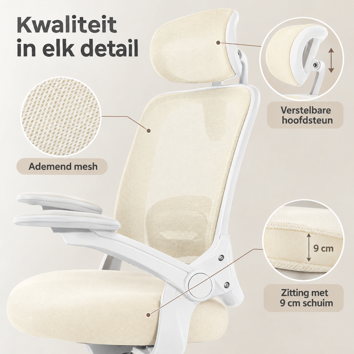 Detail van materiaal en afwerking van ergonomische mesh bureaustoel