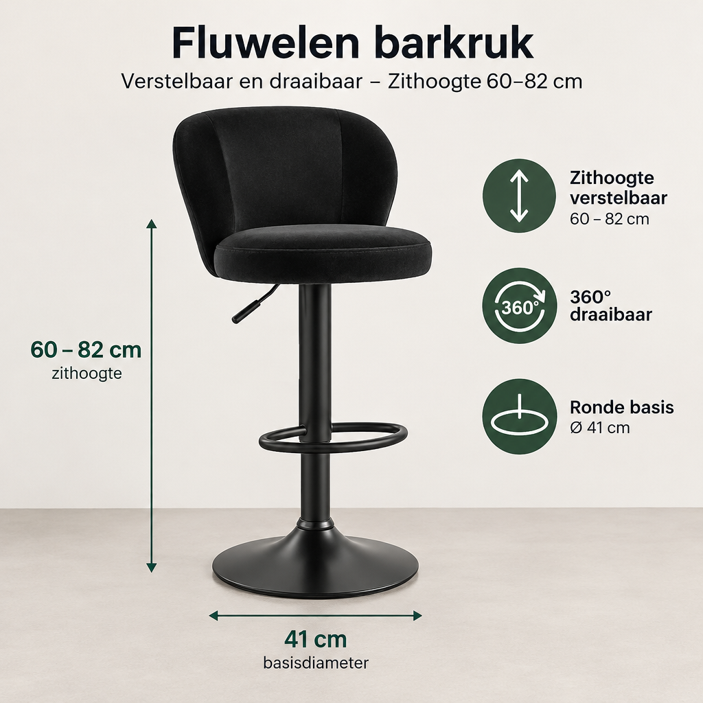 Afmetingen en productspecificaties van fluwelen barkruk