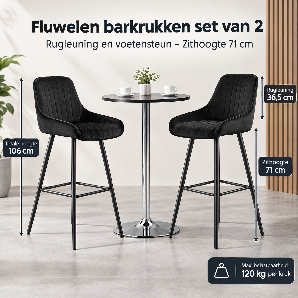 Afmetingen en productspecificaties van fluwelen barkrukken set van 2